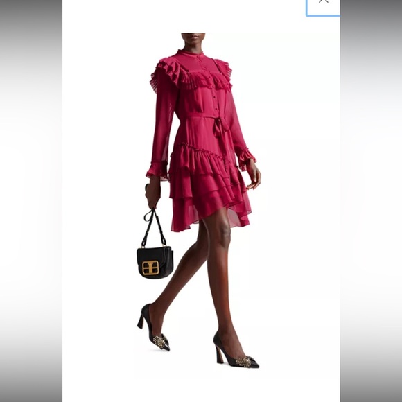 Ted Baker Size 3 Asymmetrical Tiered Long Sleeve Dress, Ruffle, Button dress. - Picture 2 of 6